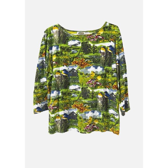 Collections L Vibrant Granny 3/4 Sleeve Barn Birds Floral Sequin Country Grandma - Picture 1 of 10